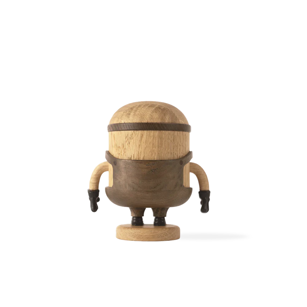 A 3D illustration of Boyhood Minion Bob, featuring a spherical wooden head styled like King Bob from the Minions movies, and body with metal arms and legs, set against