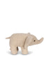 The Elephant Teddy Stuffed Animal is a small, snuggly toy made from beige, textured fabric. This plush toy features large, floppy ears, a short tail, and an elongated trunk. Its eyes are stitched brown dots that give it a simple and cute appearance. The background is plain white.