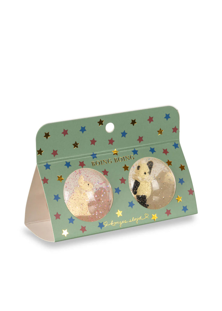 The packaging features a set of two transparent bouncing balls by Konges Sloejd, each containing a 3D signature figure of a small toy animal. Adorned with colorful stars and labeled "Boing Boing" in gold lettering, one ball displays a panda while the other presents another charming character.