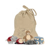 A Konges Slojd | Five Piece Rattle Activity Set with illustrations of animals and vehicles is surrounded by five velour toys: a grey elephant wearing a red outfit, a ladybug, a brown bear, a blue car, and a grey mouse.