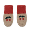 A pair of Sonja Knit Mittens - Beige Melange with a cherry design. The top half is red, and the bottom is beige with embroidered cherries and leaves.