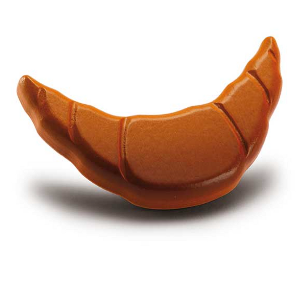 A realistic Erzi Croissant Pretend Food with a smooth, shiny terracotta surface, handcrafted in Germany, artistically highlighted with slight indentations to mimic the natural segments of a banana.