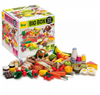 A colorful set of toy food items is displayed, with a box labeled "Erzi Big Box of Play Food Shop Assortment" behind it. The assortment includes vegetables, fruits, dairy products, baked goods, and other grocery items. Perfect for a pretend play store, the set is suitable for children aged 3 and up.