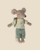 A Maileg Big Brother With Backpack - Mint dressed in a green-and-white striped shirt, teal shorts, and a green school backpack stands on a plain beige background. The mouse has a pink tail and large, round ears.