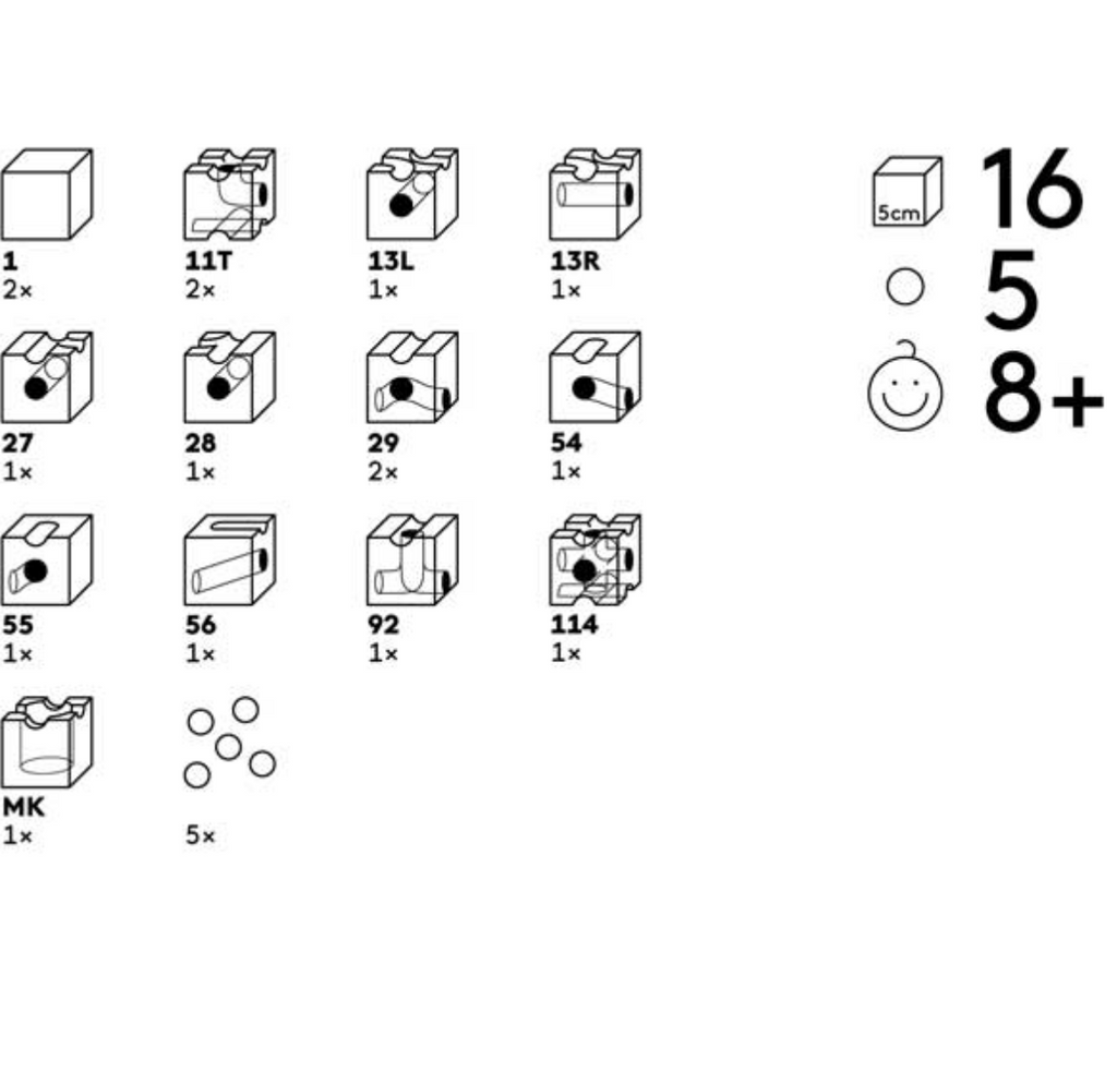 A LEGO instruction page shows a parts inventory for the Cuboro Trick Marble Run Extra Set, including various pieces labeled with numbers and quantities. The pieces range from 1 to 114, with some featuring icons or special shapes that indicate dimensions. This suggests it is a marble run system designed to enhance fine motor skills and spatial imagination for ages 8 and up.