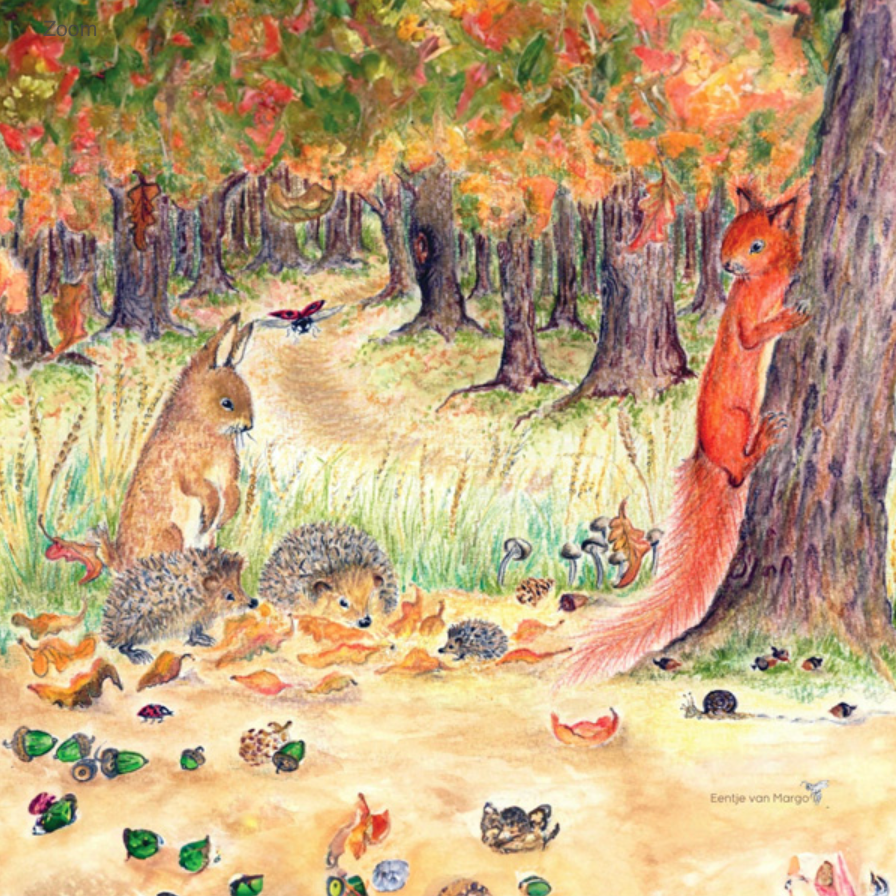 A lively forest scene showcases a red squirrel climbing a tree, a rabbit observing, and three small hedgehogs rummaging through fallen leaves. The backdrop features the Silhouette Only - Autumn Bliss Silhouette for Toverlux Lamp in shades of green, orange, and yellow with a winding path in the distance.