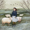 An illustration of a woman standing in a field with several sheep is the central figure in "Silhouette Only - The Herderess Silhouette for Toverlux Lamp." She wears a blue sweater and a light skirt, holding white flowers in one hand while petting a sheep with the other. Leafless trees and flying birds enhance the magical silhouette backdrop, evoking a serene home atmosphere. Ships in approximately one week.