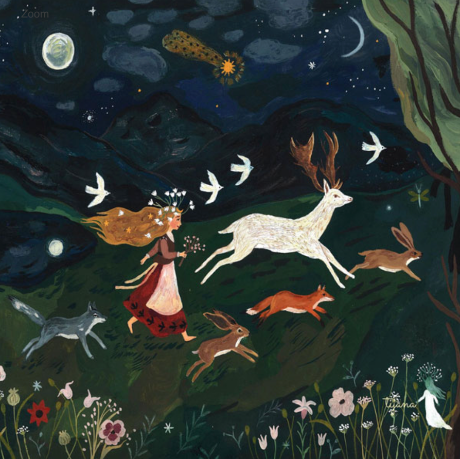 An enchanting scene, featured on the Silhouette Only - Return of Happiness Silhouette for Toverlux Lamp, depicts a girl with a crown of flowers running through a nighttime meadow alongside a white stag, hares, a fox, and a wolf. Silhouettes of birds fly overhead and flowers bloom in the foreground under a starry sky with a crescent moon and comet. This product ships in approximately one week.