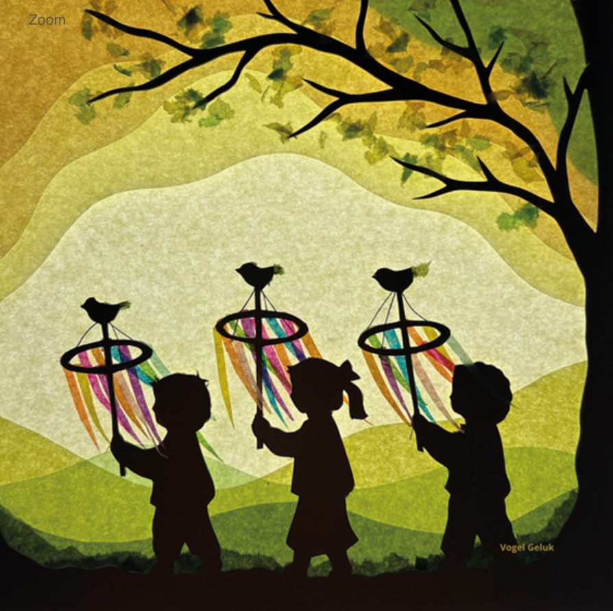 Three child silhouettes, uniquely designed for the Palmpas Silhouette of the Toverlux Lamp, each holding kite shapes resembling birds made from translucent materials. Their vibrant streamers add movement as they stand beneath a tree against a vivid green and yellow landscape.