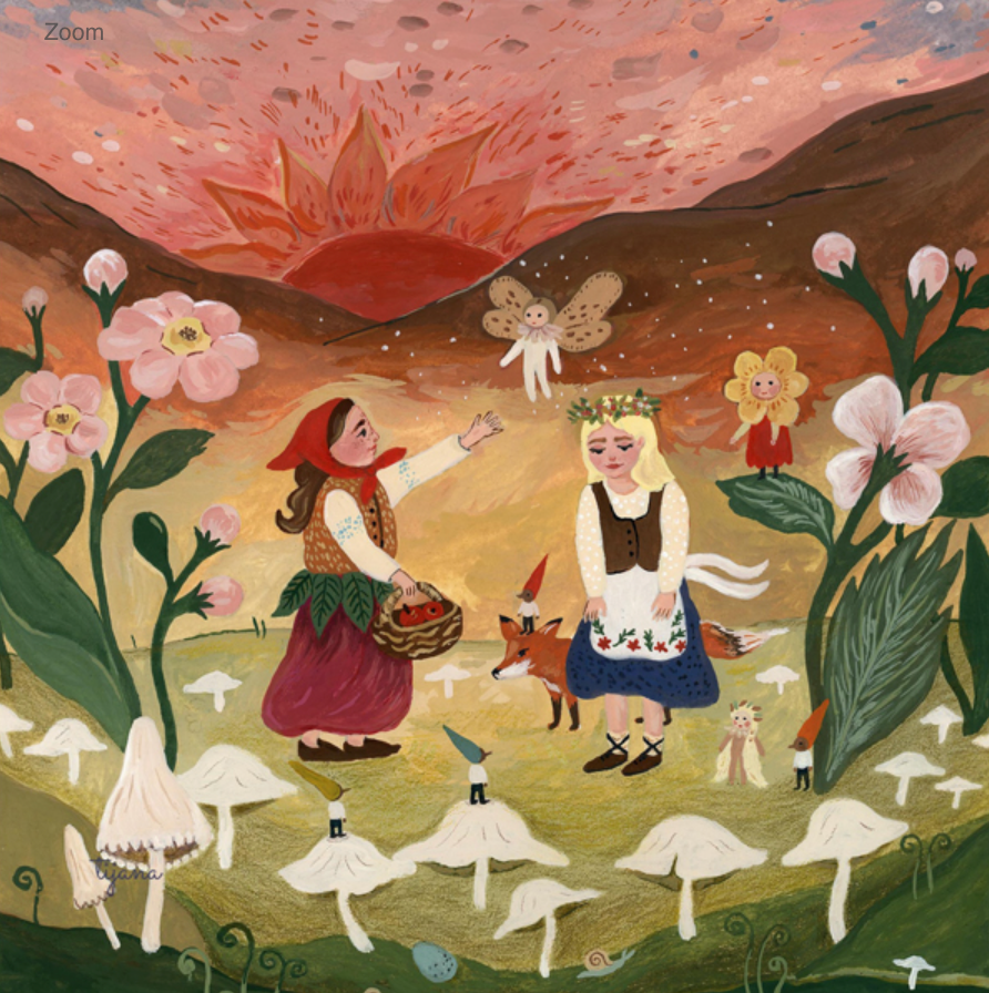 In this enchanting painting, two girls in traditional attire are enveloped by white mushrooms and flowers. A fox and tiny, fairy-like beings infuse the scene with magic, as a Silhouette Only - Fairy Sunset Silhouette for Toverlux Lamp illuminates the landscape, merging beautifully with the pink hues of the sunset sky.