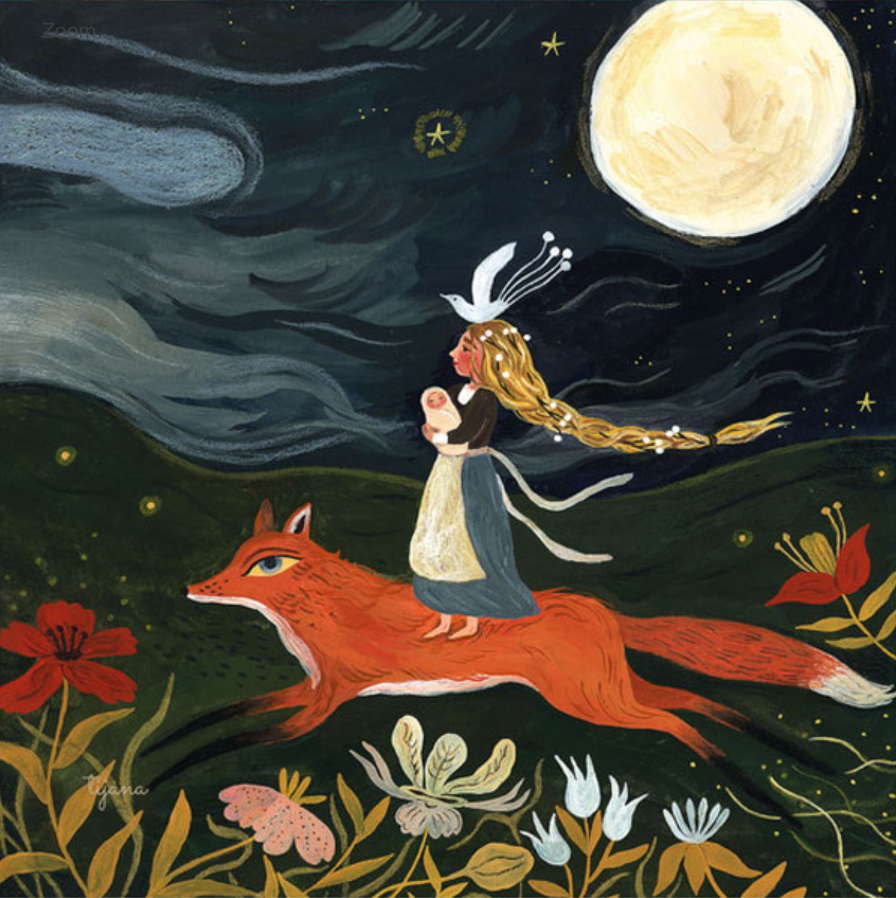 The product, "Silhouette Only - Fox Mother Silhouette for Toverlux Lamp," portrays a whimsical scene of a woman cradling a baby while standing on a giant fox. The setting includes an enchanting night sky with the silhouettes of the full moon and stars, vivid flowers in the foreground, and Tijana Draws Toverlux's rolling hills as the backdrop.