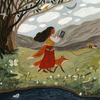 The artwork features the "Out of the Forest" silhouette for a Toverlux Lamp, depicting a woman in a red dress engrossed in reading a book while strolling with a fox. They journey through undulating hills, passing by a tree and flowers, with a snug house nestled in the background. A river meanders under an overcast sky, encapsulating their enchanting adventure amidst Magic Silhouettes.