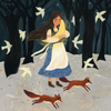 A woman in a blue and white dress embraces a large yellow bird amidst the snow-laden woods. White birds, appearing like mystical figures, soar around her as two red foxes meander across the snowy terrain. The scene is set against an enchanting backdrop of dark trees crafted from translucent material that shimmers under the moonlight, perfectly capturing the essence of the Moon Lover Silhouette for Toverlux Lamp.