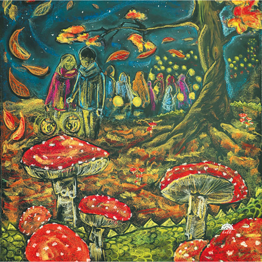 A colorful and whimsical scene shows a couple strolling beneath a starry night sky with falling leaves. In the foreground, large red mushrooms crafted from translucent material are visible, while Magic Silhouette figures of people holding lanterns gather near a tree with vibrant orange leaves, as part of the "Silhouette Only - Autumn for Toverlux Lamp" collection.