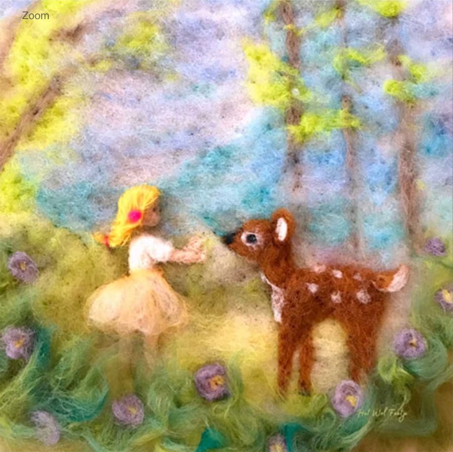 A charming felted wool scene from the "Silhouette Only - Girl with Deer for Toverlux Lamp" showcases a blonde-haired girl in a white dress reaching toward a fawn amidst a vivid forest setting. The magical silhouettes dance in the background, casting an enchanting glow on the blue sky, lush green trees, and vibrant purple flowers.