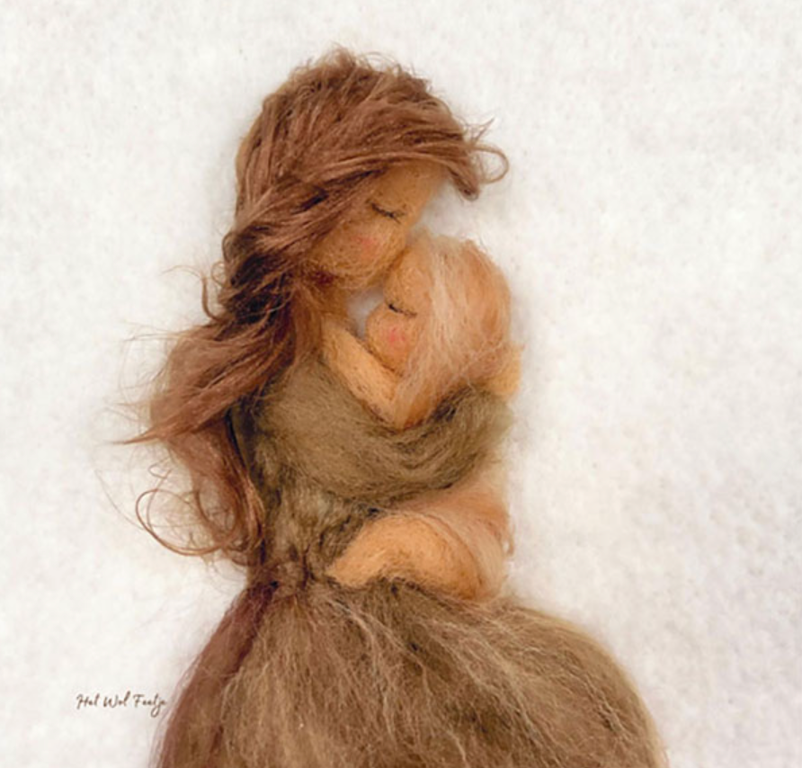 The "Silhouette Only - Mother love for Toverlux Lamp" is a felted wool art piece featuring an embracing mother and child with brown and blonde hair against a white background, exuding the essence of motherly love.