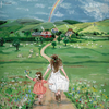 A painting of two girls, one in a red dress and the other in white, walking hand in hand down a path through a flower-filled meadow. As they approach the village, the Rainbow Magic effect from the Silhouette Only - Rainbow Magic for Toverlux Lamp fills the sky, casting an enchanting silhouette over the sheep grazing on the green hills.