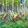 Two children sit under a translucent tent in a birch forest at night, illuminated by the Silhouette Only - Forest Whispers for Toverlux Lamp. Enchanting shapes of a deer, fox, owl, squirrel, and hedgehog surround them as gentle moonlit whispers pass through the trees.