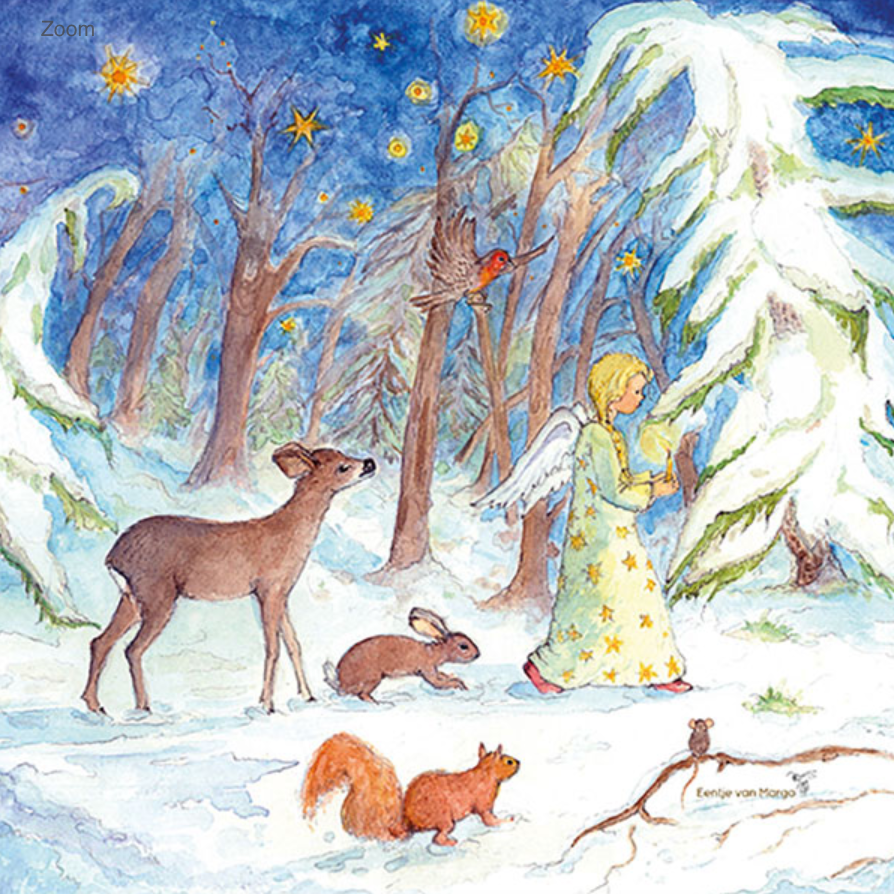 A delightful winter scene titled "Silhouette Only - Winter Forest for Toverlux Lamp" portrays an angel with a candle strolling through a snow-covered forest, where enchanting silhouettes of a deer, rabbit, squirrel, and bird come to life. The night sky above sparkles with stars.