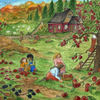 The "Silhouette Only - Red Cottage: Autumn for Toverlux Lamp" showcases children and a woman harvesting apples and berries in a flourishing garden, with sheep grazing nearby. A red cottage stands in the background, surrounded by apple-laden trees and a vivid sky that casts enchanting silhouettes on the horizon.