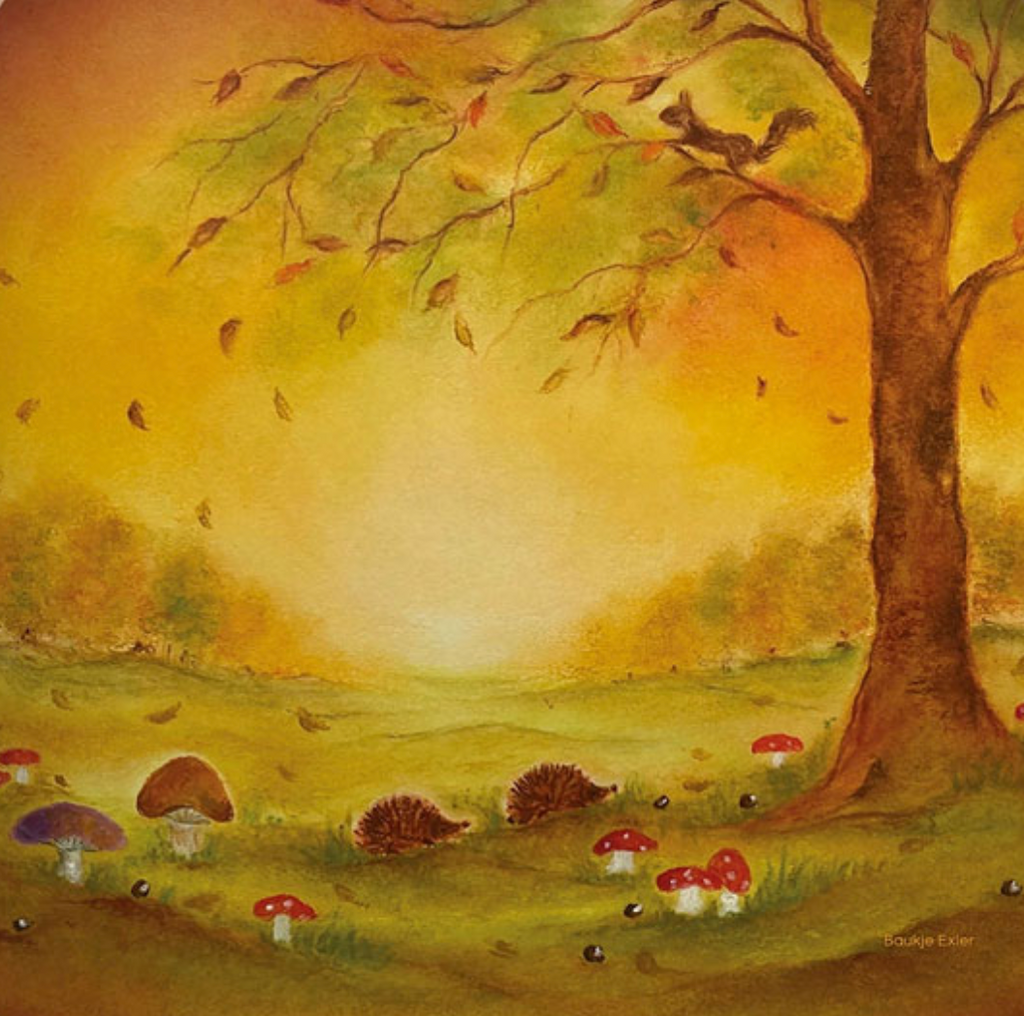 The "Silhouette Only - Autumn Leaves Silhouette for Toverlux Lamp" presents a serene autumn scene, where a prominent tree on the right has its leaves casting enchanting silhouettes as they drift down. In the foreground, mushrooms and two hedgehogs are snugly nestled in the grass, set against a sky that transitions through a warm gradient of orange and yellow reminiscent of sunset.