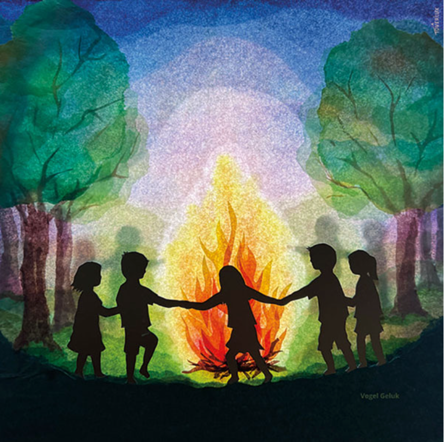 Children outlined in the "Silhouette Only - St. Jans Fire Silhouette for Toverlux Lamp" collection hold hands and dance joyfully in a circle around a radiant St. Jans Fire, framed by vibrant trees and a twilight sky.