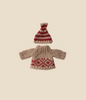 Introducing the Maileg Knitted Sweater and Hat for Mom Mouse, a delightful set perfect for wintertime. The sweater features a light brown hue with red zigzag patterns across the chest and hem, perfectly paired with a matching red hat adorned with light brown stripes and brim. Both pieces are elegantly displayed on a plain background, making them an enchanting addition to your collection. (Ships in approximately one week)