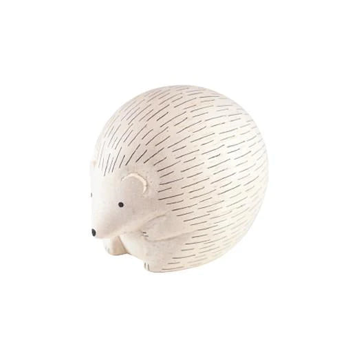 A minimalist, round, white Hedgehog figurine named Handmade Tiny Wooden Forest Animals - Hedgehog, featuring simple black lines for quills. This hand-painted piece showcases small black eyes and nose, exuding a cute and whimsical charm with its smooth and glossy finish.