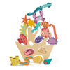 A colorful educational toy featuring the Stacking Coral Reef with a mouse in scuba gear, various sea creatures, and sea plants, all designed to fit into a ship-shaped base.