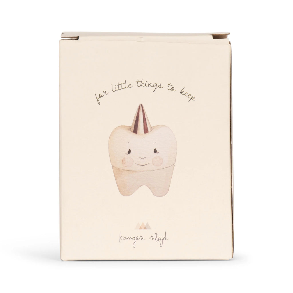 A beige Konges Sløjd Stone Tooth Box features an illustration of a smiling tooth-shaped character wearing a party hat. Curved text above reads, "for little things to keep," and "konges slojd" is written below the tooth.