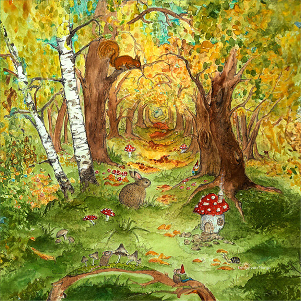 A charming fairytale atmosphere is created by the Silhouette Only - Autumn Forest for Toverlux Lamp, which features a whimsical scene of autumn trees and dappled sunlight. A rabbit and squirrel linger near colorful mushrooms, including a red-capped toadstool, as Magic Silhouettes dance around a tiny house with a red roof nestled among the foliage. This product ships in approximately one week.