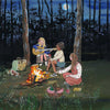 A serene campfire scene unfolds as three friends gather around a fire in the forest at night. One strums a guitar while the others enjoy roasting marshmallows, with their loyal dog resting close by amid baskets and a book. The moonlight streams through the trees, creating magical silhouettes that capture the unique atmosphere—perfectly recreated by Silhouette Only - Campfire Nights for Toverlux Lamp, shipping in approximately one week.