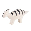 Introducing the Handmade Wooden Parasaurolophus, a delightful wooden toy shaped like a dinosaur. Expertly crafted from Albizia wood, it is painted in light cream with distinctive black stripes along its back and head. This simplistic, hand-carved design features four sturdy legs for stable play.