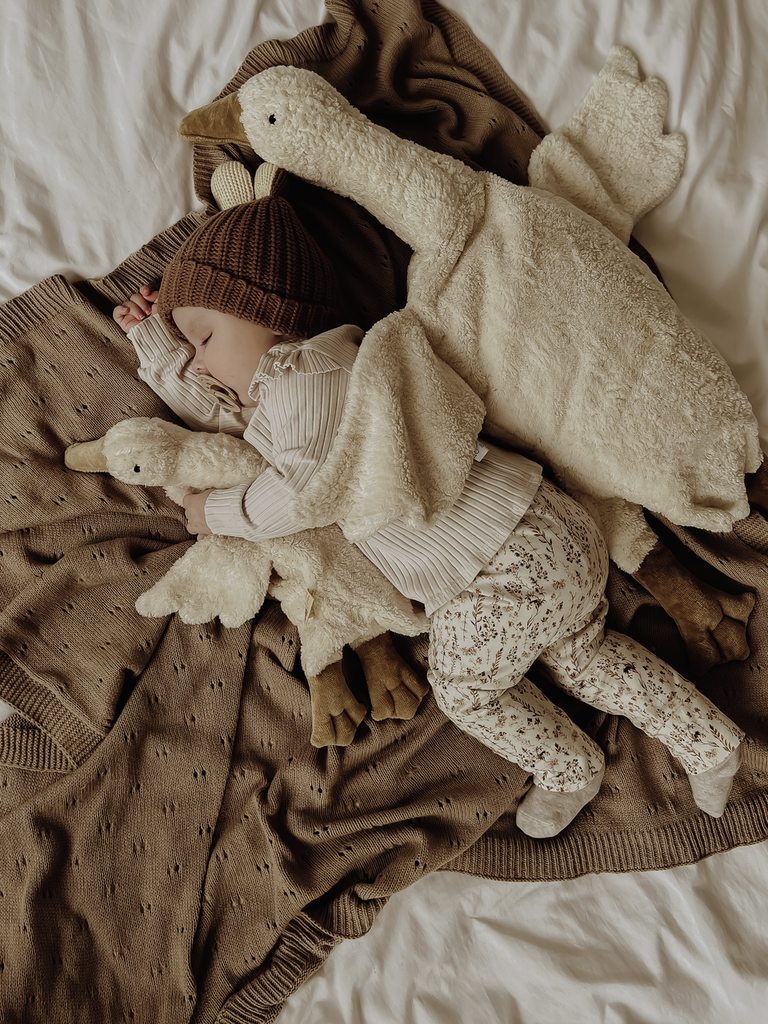 a baby sleeping with two stuffed goose animals.