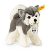 A plush toy husky dog with soft plush fur in grey and white, featuring the signature yellow Steiff tag on its ear and a circular Steiff tag on its chest labeled "Bernie." The Steiff, Bernie Husky Plush Stuffed Toy Dog, 7 Inches has a fluffy tail and a friendly facial expression.