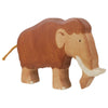 A wooden toy mammoth with a brown body, light brown tusks, and a small rope tail stands on four sturdy legs. Handcrafted from wood to resemble the prehistoric animal, this Holztiger Mammoth features simple details and a smooth, polished surface. Made in Europe with quality craftsmanship.