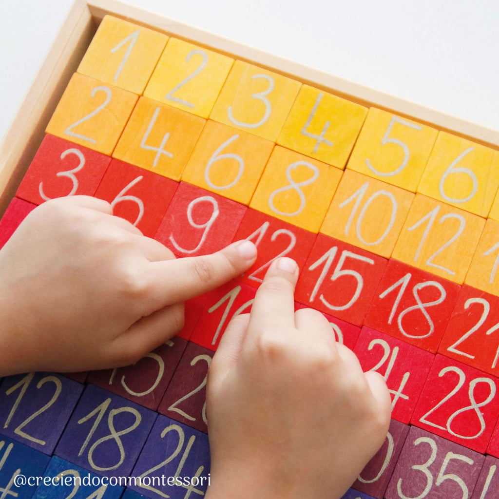 Grimm's Counting with Colors features a wooden tray filled with vibrant math blocks showcasing various equations, ideal for preschool arithmetic. A child's hand is seen reaching to place a yellow block marked "2". The blocks are neatly arranged to display numerous addition problems, making this arithmetic box an enjoyable and educational tool.