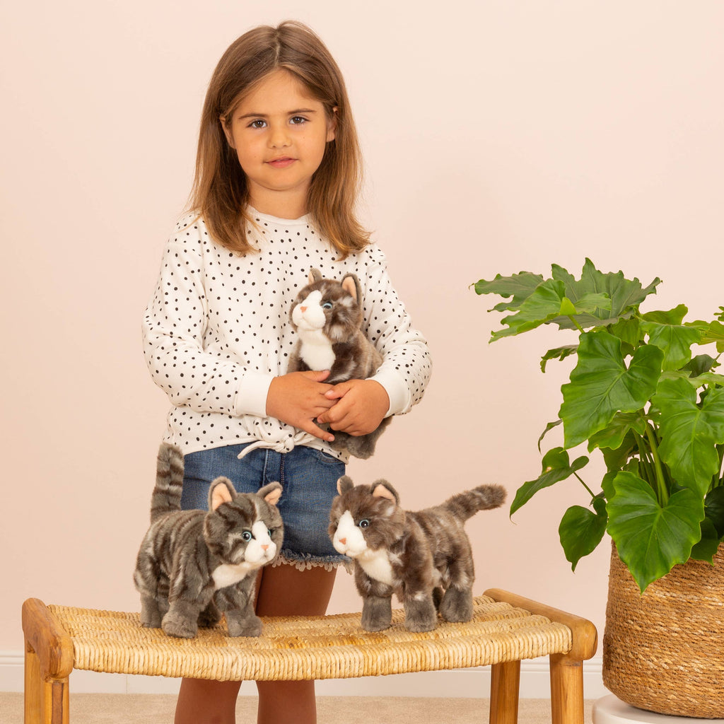 A young girl with brown hair, wearing a polka-dot sweater and denim shorts, stands next to a large green potted plant. She is holding two Teddy Hermann Standing Tabby Cat Stuffed Animals and has a third high-quality plush toy placed on a woven bench in front of her.