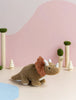 A cute Baby Triceratops Dinosaur Stuffed Animal is placed on a flat surface with a pastel pink and blue backdrop, decorated with small artificial trees and foliage in the background. This dinosaur toy has a brown, textured body with distinctive white horns and a rust-colored frill, suitable for infants.