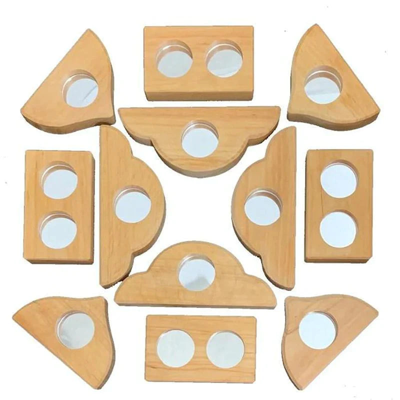 Wooden shapes with inserted mirrors circles