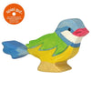 A brightly colored wooden bird toy with green, yellow, blue, and white sections. The bird has a prominent red beak and a blue tail. Handcrafted in Europe, this toy features a round orange label in the top left corner that reads "spiel gut recommended.” Part of the HOLZTIGER figures collection. Product Name: Holztiger Eurasian Blue Bird