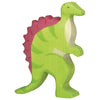 A handcrafted Holztiger Spinosaurus Dinosaur with bright green and light green stripes, and a red, spiked back. The dinosaur stands upright on two legs, with its tail extended behind and a small head at the top. Made in Europe by HOLZTIGER figures, the design is simple and colorful, appealing to young children.