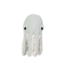 The BigStuffed Mini Grandma Octopus is designed to resemble a baby octopus. It has a knitted texture in light gray color, detailed with two expressive black eyes and eight curly tentacles hanging down from the base of its round head.