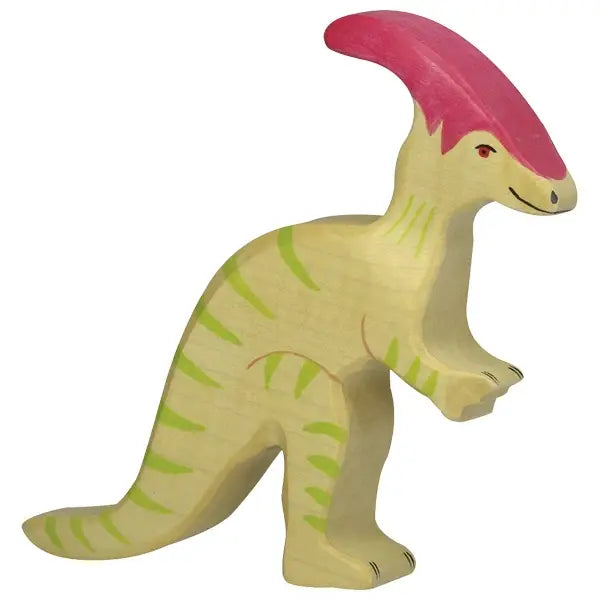 A small wooden Holztiger Parasaurolophus Dinosaur with a light yellow body and green stripes. It has a red crest on its head and is depicted in a standing position. Made in Europe, this handcrafted wood figure showcases simple painted details for the eyes and mouth, reminiscent of HOLZTIGER figures.