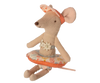 The Maileg Tube, Small Mouse - Flower is a delightful little mice toy dressed as a ballerina. It features a floral-patterned tutu with orange trim and a flower embellishment on its chest. With large ears, a headband, and shades of beige and orange, this charming toy invites endless imaginative play.