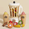 The Fruit & Smoothie Blender Set features a retro wooden toy blender complete with various sliceable fruits and two smoothie bottles. The set includes kiwi, banana, and citrus fruits designed for pretend play, along with a toy knife for slicing enjoyment.