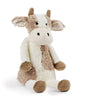 Meet Clover The Cow Stuffed Animal, a plush toy resembling a soft patchwork cow. This snuggly companion features white and light brown fur, with a charming light brown patch around one eye. It has two tan horns, two floppy ears, and black eyes that add to its adorable appeal. Sitting upright with its legs stretched out, Clover makes the perfect gift for fostering friendship.