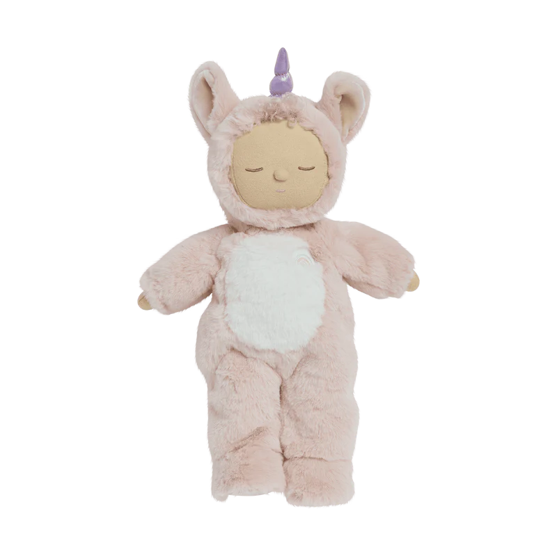 Introducing Olli Ella Cozy Dinkum Doll Unicorn - Sugarpie, a plush doll in a soft beige unicorn costume with a purple horn, shimmering wings, serene closed eyes, fluffy ears, white belly, and small hands and feet.