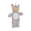 The Olli Ella Cozy Dinkum Doll Unicorn - Sweetpea is a plush doll in a gray animal-themed outfit featuring fluffy ears, a shimmering horn, and a white belly patch. It has soft lavender fur, sparkling wings, and an embroidered serene face with closed eyes.