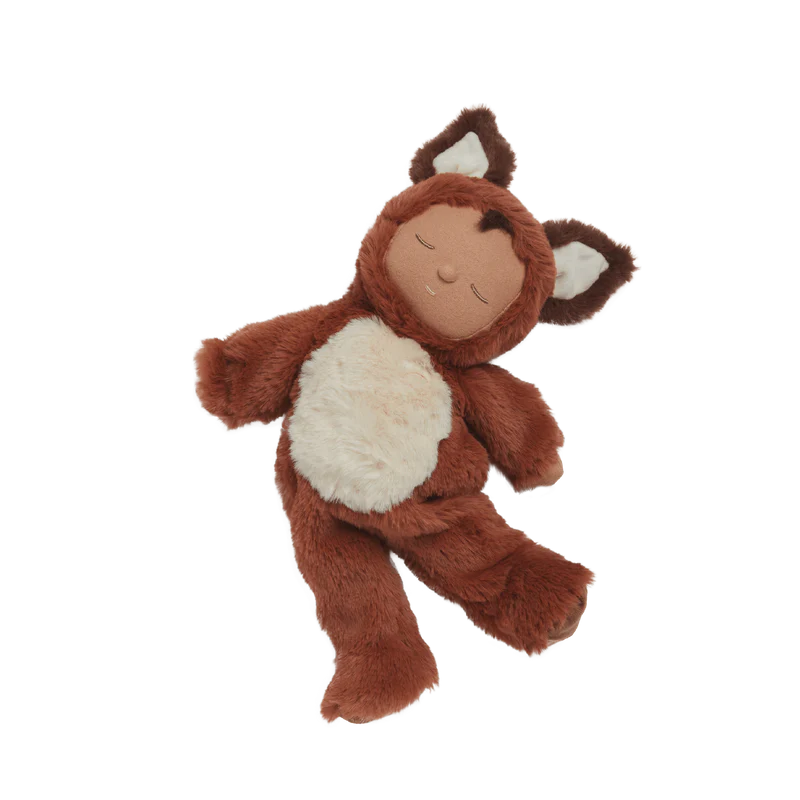 Meet the Olli Ella Cozy Dinkum Doll - Fox, a plush toy that combines comfort with whimsy. Featuring brown fur, a white belly, closed eyes, and small ears, this cuddly companion is perfect for children seeking comfort and delight in their playtime adventures.